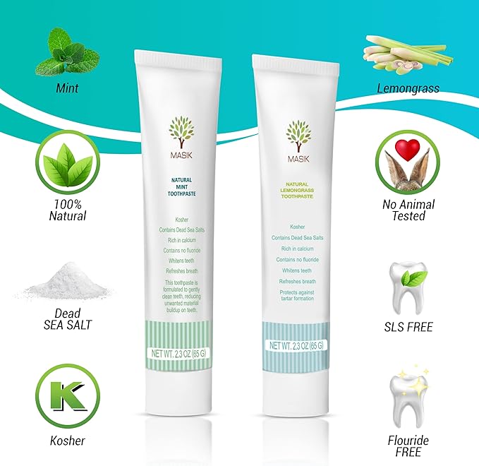 Masik Natural Toothpaste ? Whitening &amp Sensitive Teeth | Dead Sea Salt | Stain &amp Plaque Remover | Bleeding Gums &amp Canker Sore Care | Floride &amp SLS-Free | Non-Foaming | Made in Israel (