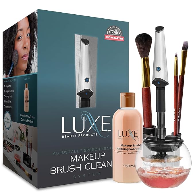 Luxe Electric Makeup Brush Cleaner Machine with Cleaning Solution - USB Charging Station Automatic Brush Washer and Dryer - 3 Adjustable Speeds for Easy Cleaning - Complete Set for Hygienic Brushes