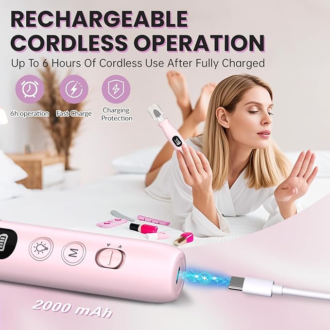 Electric Nail Drill Cordless 2000 mAh Rechargeable Portable Nail File 12 in 1 Kit for Thick Toenails 10 Speeds Nail Dril Machine Professional Manicure Pedicure for Hand Natural Nails Care (Pink)