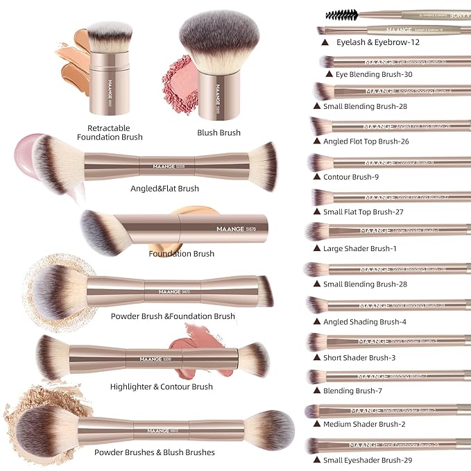 MAANGE 20 Pcs Makeup Brushes with Gift Box Double-End Multi-functional Makeup Brushes for Blending Liquid Powder Concealer Cream Blush BuffeChampagne