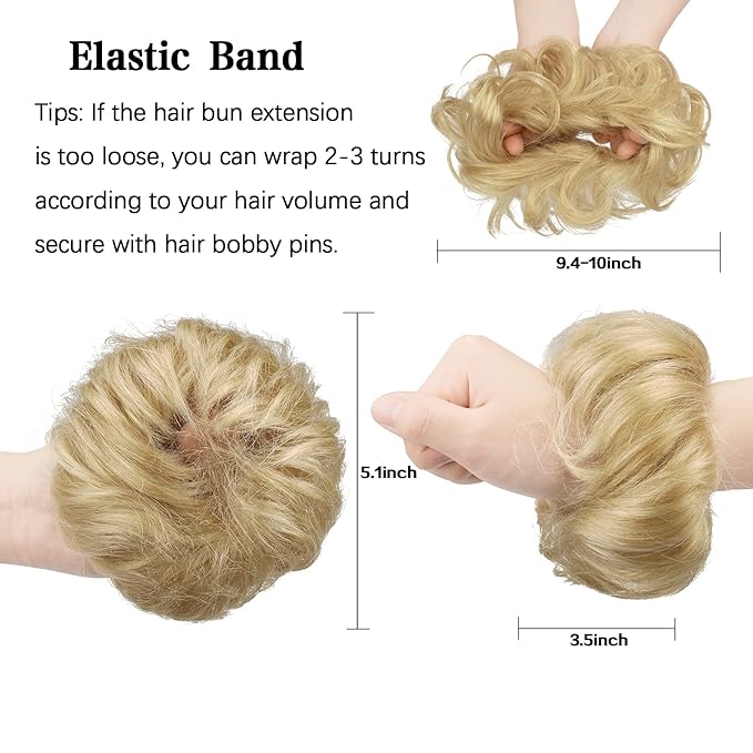 FESHFEN Human Messy Buns - 100% Human Hair Bun Real Scrunchies Hair Pieces Ponytail Extensions Wavy Tousled Updo Chignon Hairpieces for Women Light Blonde