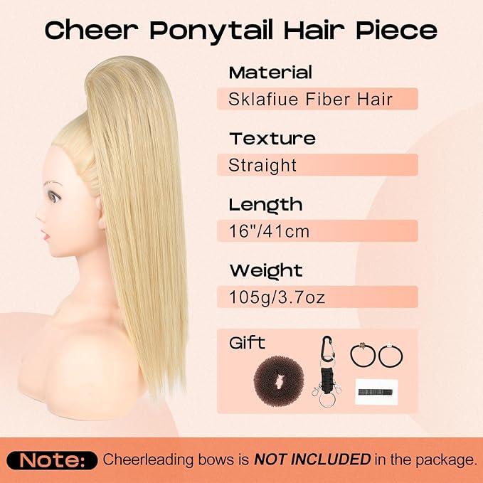 SEIKEA Cheer Ponytail Hair Piece 16 Champagne Blonde Straight Cheerleader Hairpiece Ponytail Extension for Cheerleader Competition Dance