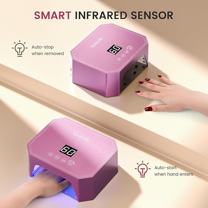 Lavinda 54W UV LED Nail Lamp ? Plug-in Gel Nail Light with LCD Display 4 Timers Auto Sensor Dual Wavelength Nail Dryer for Home &amp Salon Pink