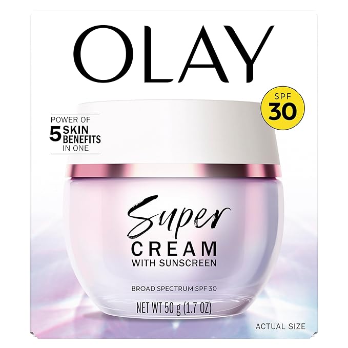 Olay Super Cream with Sunscreen SPF 30 Lightweight Face Moisturizer with Sun Protection 5-in-1 Skin Care Benefits - Hydrating Brightening Firming - Niacinamide Vitamin C Collagen Peptide 1.7 oz