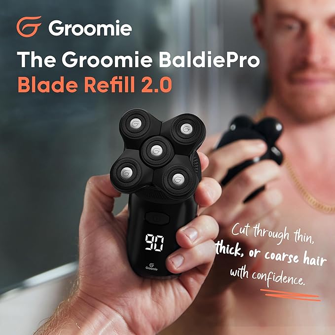 Groomie BaldiePro Cordless Bald Head Shavers for Men Blade Refill 2.0 - Waterproof Head Shavers Replacement Head - Electric Hair Shaver &amp Head Razor for Bald Men Men's Rotary Shaver for Smooth S