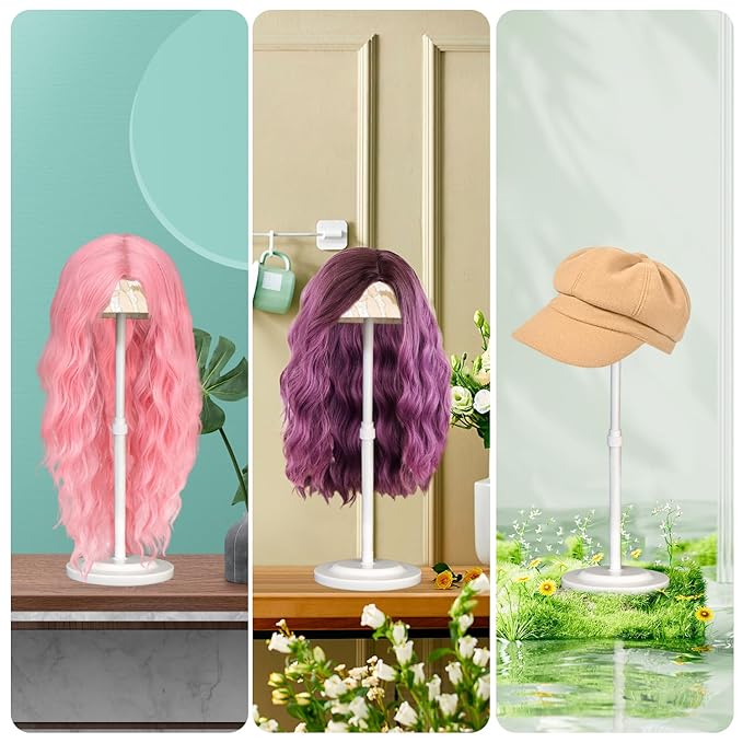 Wig Stand 2 Pack Adjustable Height Wig Holder Stands Non-Slip Portable Wig Head Holders Sturdy Plastic Wig Head Stand for Multiple Wigs and Hats Styling Drying Display (White)