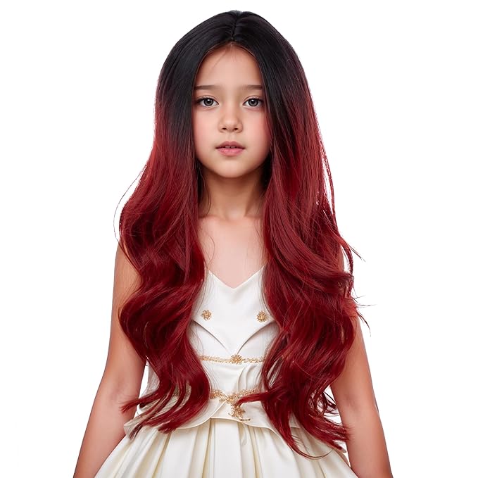 Black Ombre Red Wig for Kids Long Black Mixed Wine Red Middle Part Wig for Child Long Wavy Curly Wigs for Girls Heat Resistant Synthetic Wigs with Cap