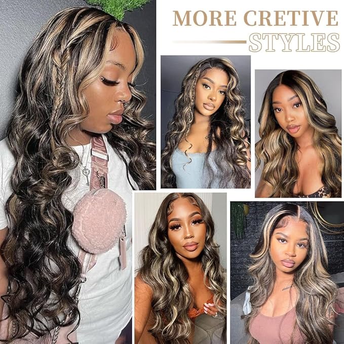 Blomas 22Inch 1b/27 lace front wig human hair 13x4 200% Density Body Wave Balayage Wig Human Hair HD Transparent Lace Glueless Wig Highlight Colored Wig Pre Plucked HD Lace Frontal Wigs
