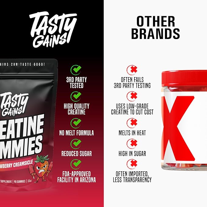 TASTY GAINS Creatine Gummies - 90g of Creatine Monohydrate - Workout Supplements - Build Muscle &amp Boost Strength for Men &amp Women - Made in USA - Non GMO - (Large Strawberry Creamsicle Flavor)