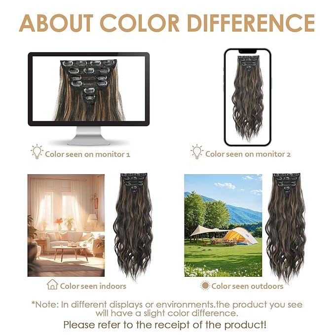 Clip in Hair Extensions for Women Natural Balayage Dark Brown to Chestnut 24 Inch 6PCS Hairpieces Long Wavy Soft Hair Extensions clip ins