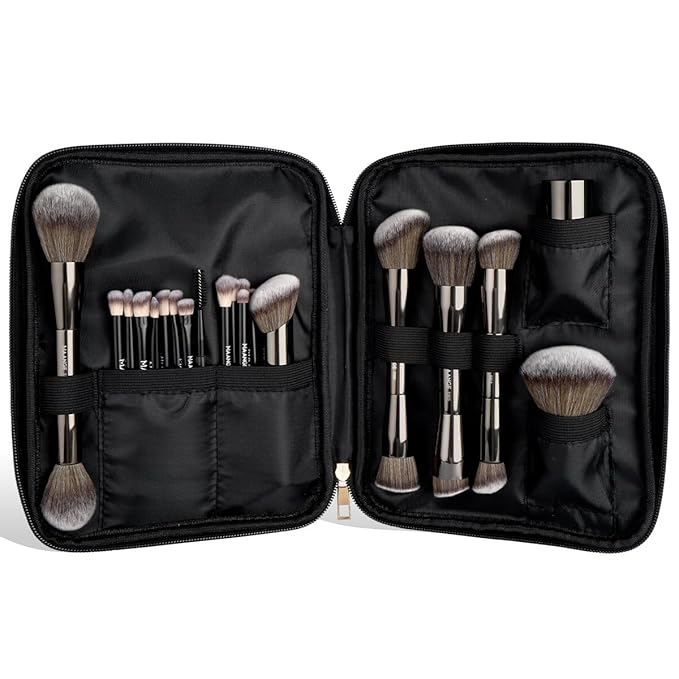 MAANGE 20 PCS Makeup Brush Set with Bag Double-ended Kabuki Brush Foundation Contour Brush for Liquid Powder Concealer Eye Shadows Cream Cosmetics Blending Blush Face Makeup Tools with Case (Black)