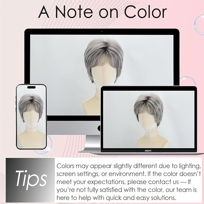 WIGYY Light Gray Pixie Cut Wig for White Women ? Short Curly Synthetic Wig with Bangs Heat-Resistant Glueless Cap Lightweight Natural Looking Wig for Older Women Daily Wear