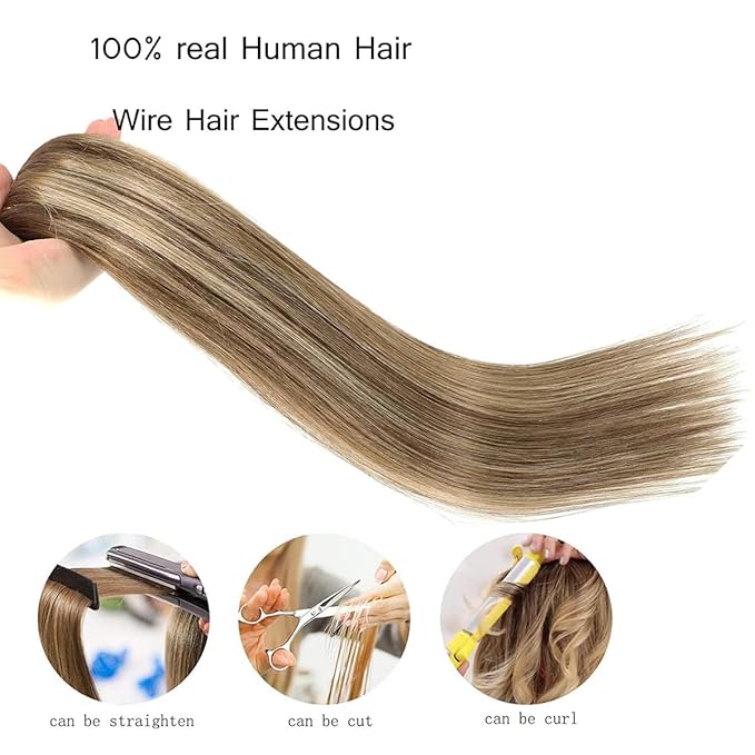 RECOOL Wire Hair Extensions Real Human Hair Balayage Chocolate Brown with Golden Blonde Remy Hair Extensions Invisible Wire Hair Extension Straight Clip in Hair Extension(20 inch)