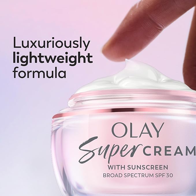 Olay Super Cream with Sunscreen SPF 30 Lightweight Face Moisturizer with Sun Protection 5-in-1 Skin Care Benefits - Hydrating Brightening Firming - Niacinamide Vitamin C Collagen Peptide 1.7 oz