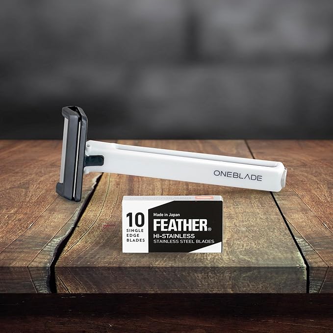 OneBlade Core Safety Razor for Fine Hair - Includes Stand &amp 10 Premium Japanese Feather Blade Refills - Introductory Level (White)