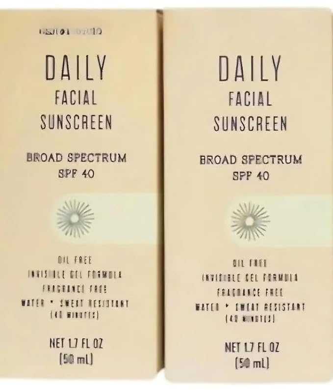Daily Facial Sunscreen Broad Spectrum SPF40 oil free invisible gel formula fragrance free water + Sweat Resistance (2 Pack)