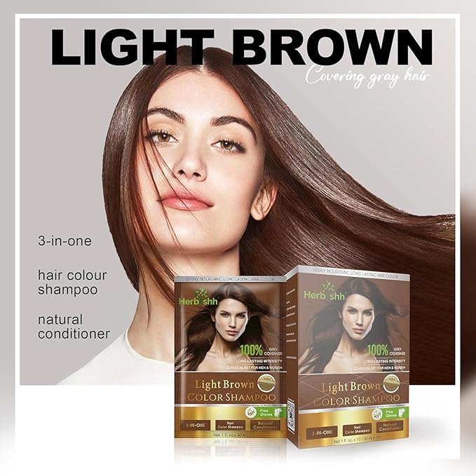 Herbishh Light Brown 3 in 1 Hair Dye Shampoo 500 ML + Travel Size Dye Shampoo pack of 10 30 ML Each - Champu Para Canas Muje
