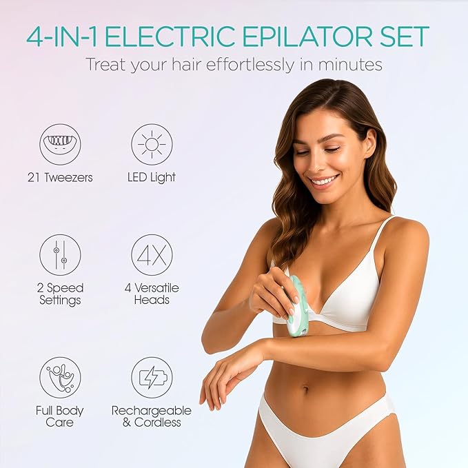 Epilator for Women-Cordless Epilators Hair Removal for Women 4-in-1 Electric Razor Hair Remover 2 Speeds &amp 21 Tweezers for Face Legs Arms Armpit Bikini Green HR310