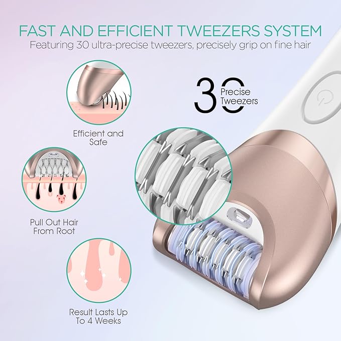 VOYOR Epilator for Women 3 in 1 Epilator Hair Removal for Women Epilators Hair Remover for Leg Arm with 30 Tweezers Rechargeable &amp Cordless Electric Lady Shaver &amp Trimmer BM300 (Champagne G
