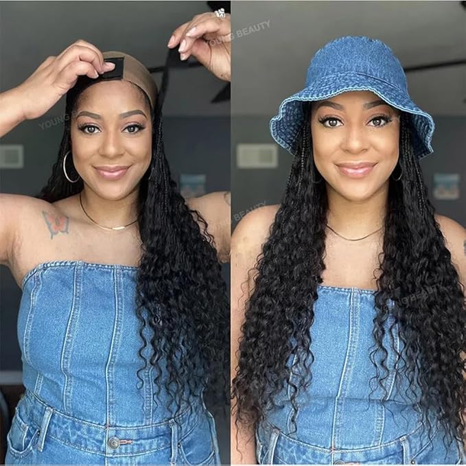 Boho Box Braids Band Wig with Human Hair Curly Ends Grab &amp Go Boho Band Braids Hair Extensions Goddess Boho Briaded Hat Wigs without Cap 12inch Natural Black