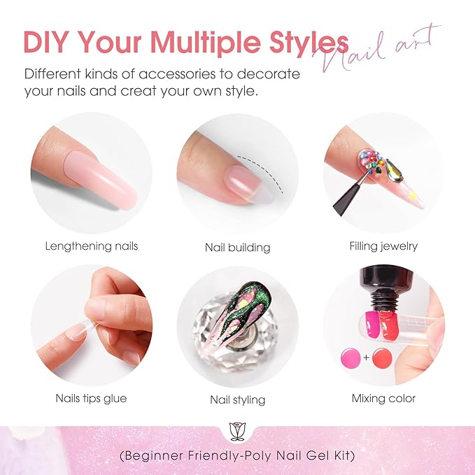 ROSALIND Light Pink Nude Poly Nail Gel Kit 0.34 oz/10 ml - 20 Colors White Brown Poly Extension Gel with Mini U V Lamp Builder Nail Gels Starter Kit with Nails Forms Base Coat Coat Beginners Set