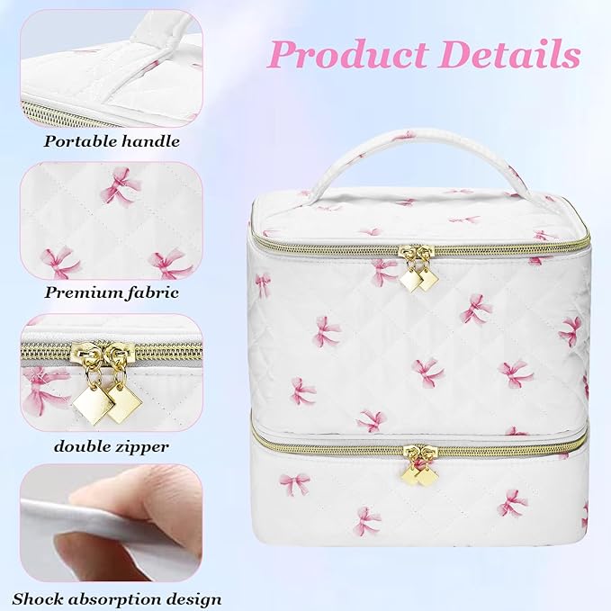 PU Leather Nail Polish Organizer and Nail Lamp Case Nail Kit Organizer Holds 30+ Bottles (15ml - 0.5 fl.oz) and a Nail Lamp Nail Polish Carrying Case with Manicure Tools Storage Sections (Pink Bow)