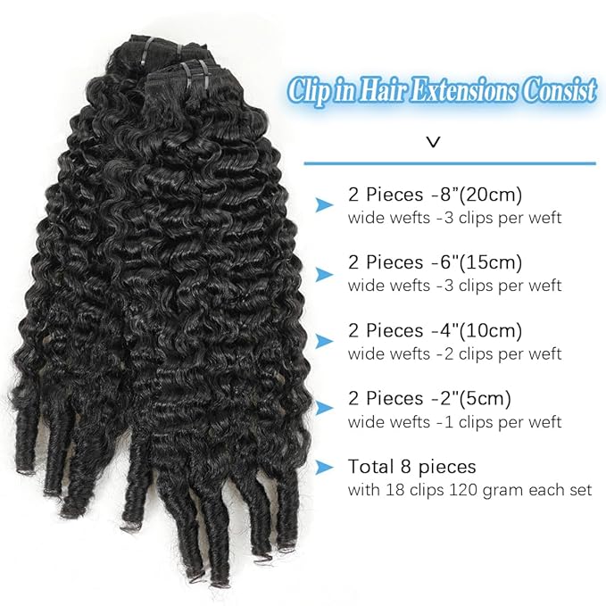 Burmese Curly Clip in Hair Extensions Real Human Hair 8Pcs Remy Human Hair Clip in Extensions for Women Natural Soft Human Hair 120g 18inch #1B Natural Black