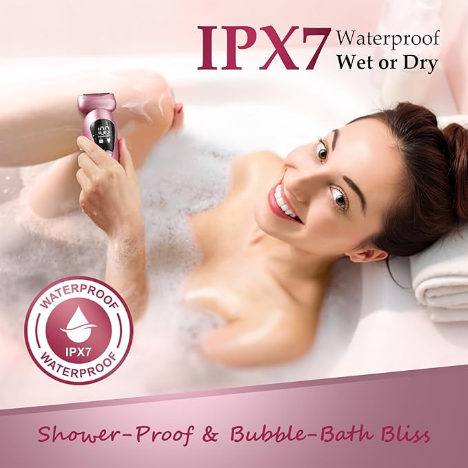 Electric Bikini Trimmer for Women: Rechargeable Painless Shaver for Body Hair - IPX7 Waterproof Cordless Razor with LED Display for Face/Leg Light Pink