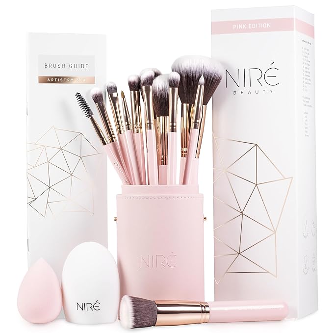 Nir? Beauty 15piece Award Winning Pink Makeup Brushes: Pink Makeup Brush Set with Case Makeup Sponge Brush Cleaner Guide Gift Box