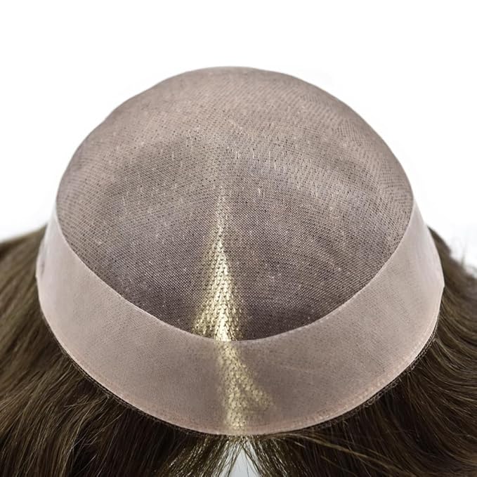 LYRICAL HAIR Toupee for Men Hair System Replacement Monofilament Mens Toupee Hairpiece Durable Poly Coated NPU Around Wig for Men Human Hair Piece Unit 120% Density 6X8 #410 Medium Brown+10% Gray
