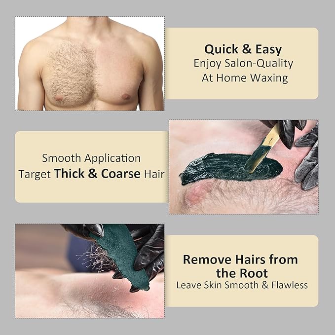 Maxpearl Hair Removal Waxing kit for Men Nose &amp Ear Wax Kit with Silicone Pot - Hair Removal for Unwanted Coarse Male Body Hair - Mustache Eyebrows Underarms Back Chest Legs and More
