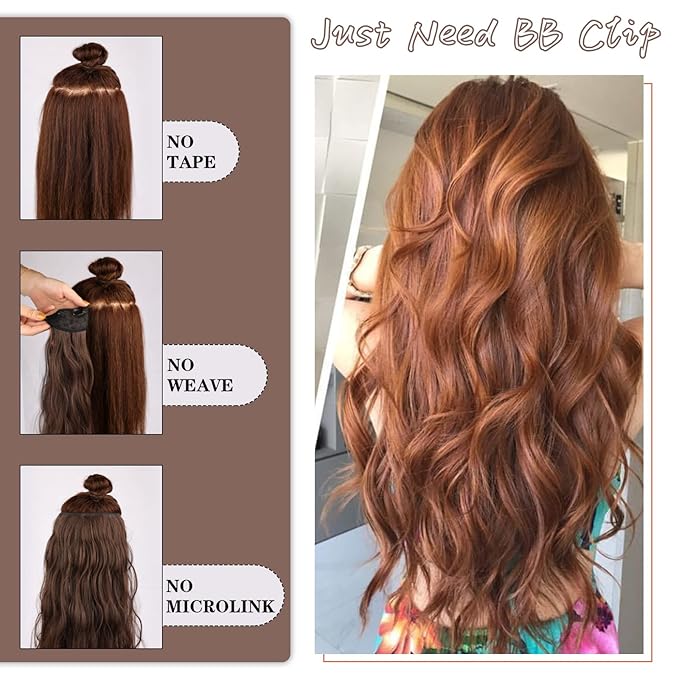 WECAN Clip In Hair Extensions 20 Inch 6pcs Copper Red Long Wavy Curly Hair Extensions Ginger Synthetic Fiber Double Weft Soft Hairpieces For Women Full Head