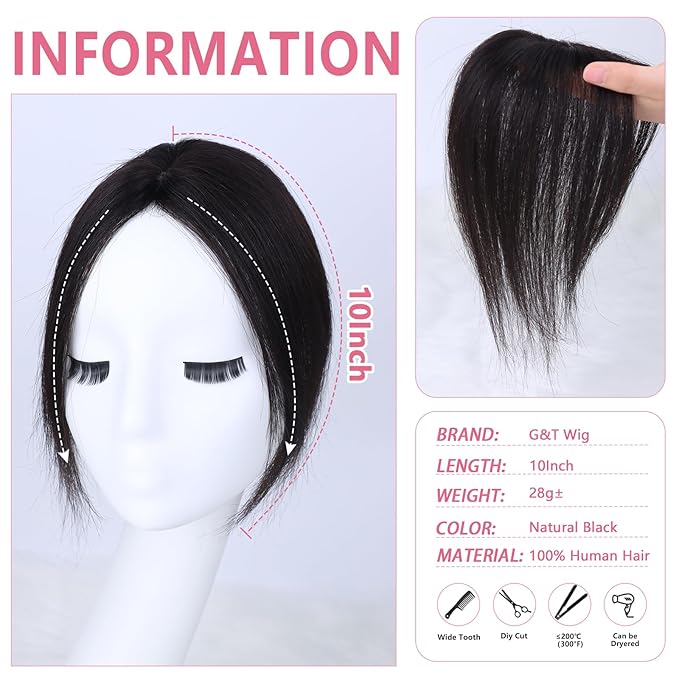 G&ampT Clip in Bangs - 100% Human Hair French Bangs Clip on Hair Pieces for Women Girls Fake Bangs Clip in Hair Extensions Human Hair Wiglets Hairpieces for Thinning Hair 10 Inch (Natural Black)