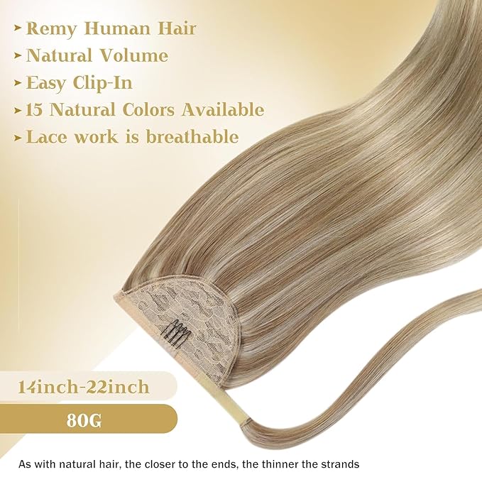 Ve Sunny Ponytail Extension Real Human Hair for Women Clip in Ponytail Hair Extension Straight Hair Pieces Wrap Around Dark Ash Blonde Highlights Golden Blonde 16inch 80G