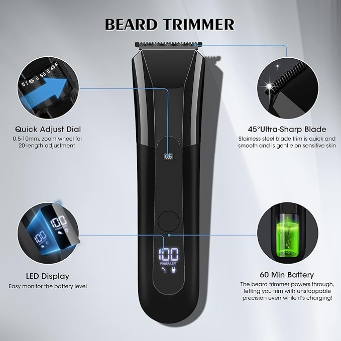 Karrte Manscape 5 in 1 Men's Grooming Kit Beard Trimmer for Men Groin &amp Body Hair Trimmer Nose &amp Ear Hair Clippers 5D Electric Razors IPX7 Waterproof LED Display with Travel Lock