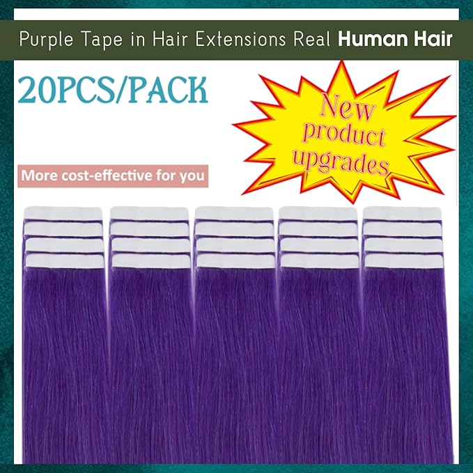 RUNATURE Tape in Hair Extensions Human Hair Straight Color Purple Hair Extensions Tape in Extensions for Long Hair Remy Natural Hair for Highlights Soft Silky Tape Ins 20 Inch 50g 20pcs
