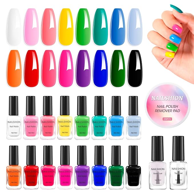 Nail Polish 16 Colors Rainbow Air Dry Regular Nail Polish Set with Base Top Coat &amp Remover Pads| White Red Classic French Fingernail Polishes Non-gel Bulk Gift for Nail Art Lovers