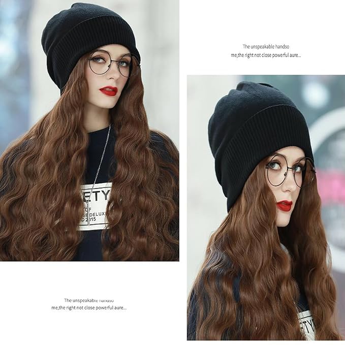 Women Winter Beanie Hat Wig Knit with Long Straight/Wig Wavy Curly Hair Wig Attached 23.6 Inch Synthetic Hairpiece