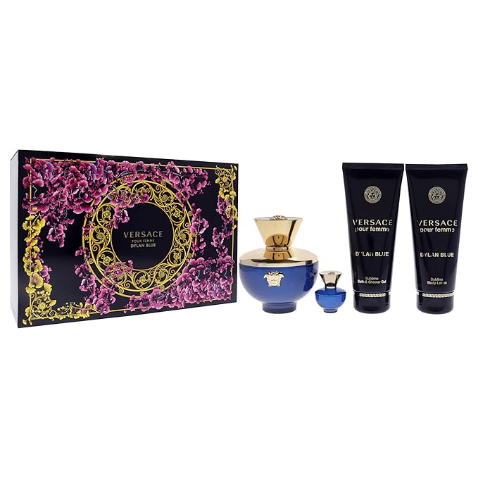 Versace Dylan Blue 3.4oz EDP Spray 3.4oz Body Lotion 3.4oz Bath and Shower Gel 0.16oz EDP Spray Women 4 Pc Gift Set