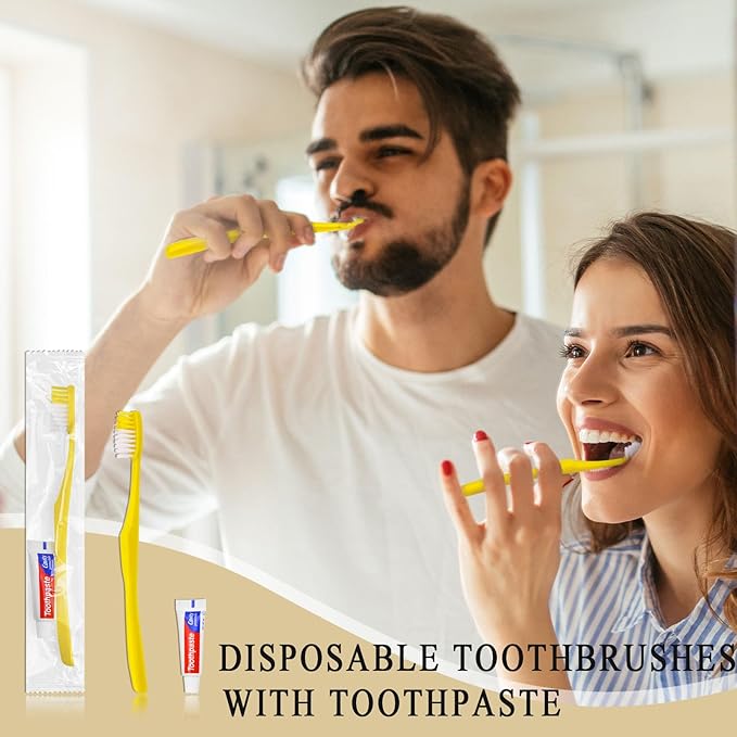 Disposable Toothbrushes with Toothpaste100 Pack Yellow Hollow Individually Wrapped Disposable Travel Toothbrushes Kit in Bulk for HomelessNursing HomeHotelCharity