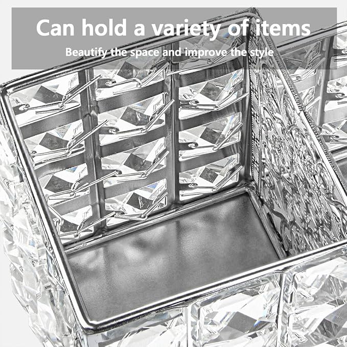 LUEXBOX Crystal Makeup Brush Holder One-Piece Square Brush Organizer Cosmetics Brush Storage Container for Table Dresser Bathroom Bedroom Organization (Silver)