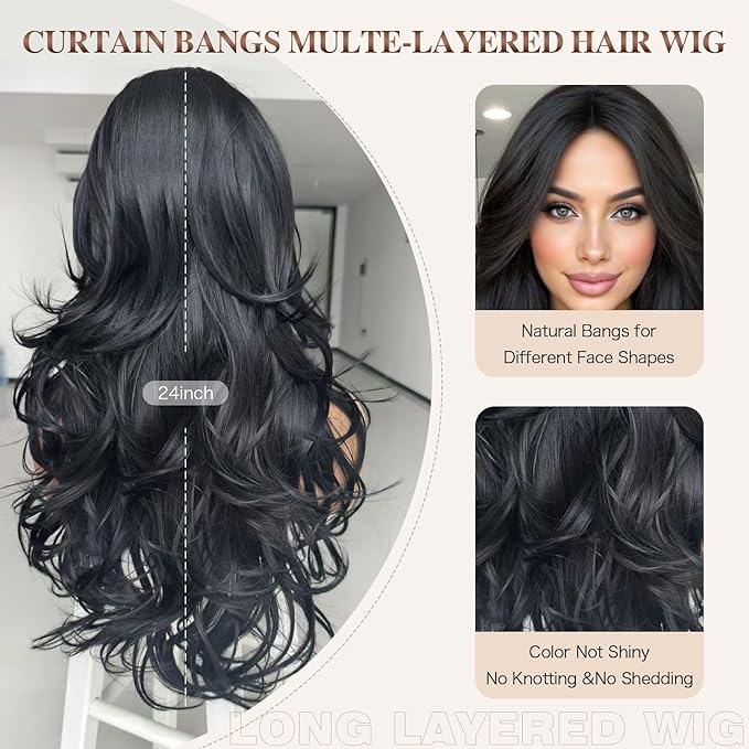 Black Wavy Wigs for Women Long Layered Wig with Curtain Bangs Long Black Layered Synthetic Wavy Body Wave Haircut Middle Part Natural Looking Hair for Women Daily Party Use 1B 24Inch