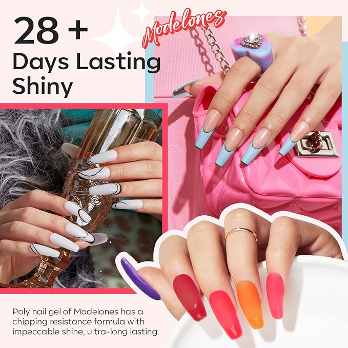 Modelones 133pcs Poly Nail Gel Kit 32 Colors Spring Pink Pastel Poly Extension Gel kit with Nail Lamp Base Top Coat Slip Solution Builder Enhancement Manicure Tools for Starter Supplies