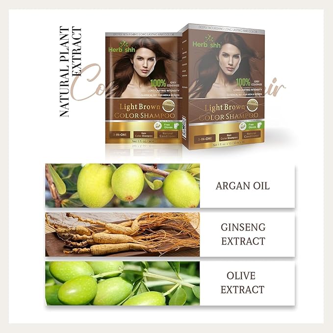 Herbishh Light Brown 3 in 1 Hair Dye Shampoo 500 ML + Travel Size Dye Shampoo pack of 10 30 ML Each - Champu Para Canas Muje