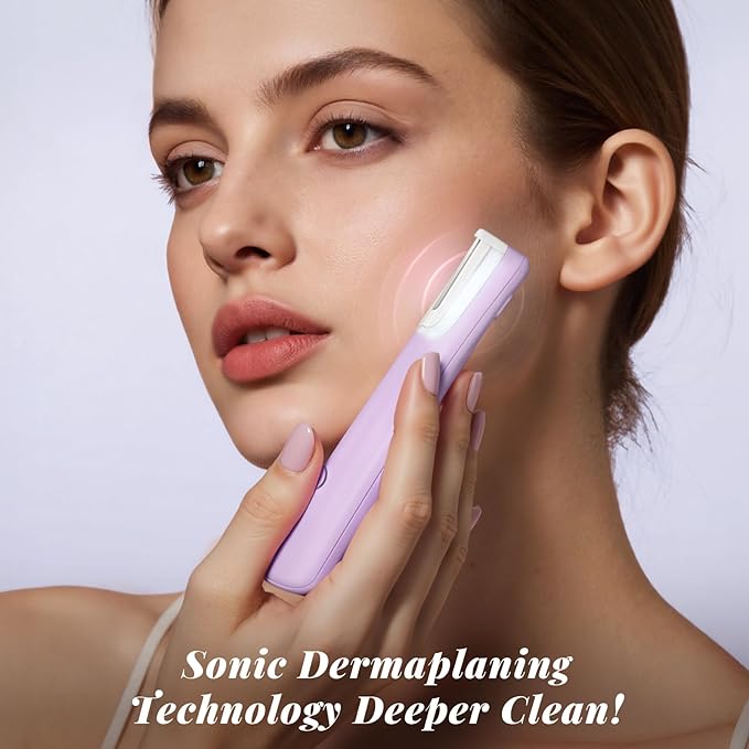 Sonic Dermaplaning Tool for Women Rechargeable Face Dermaplane Razor Sonic Edge Technology for Facial Hair Exfoliating and Peach Fuzz 10 Refill Blades Purple