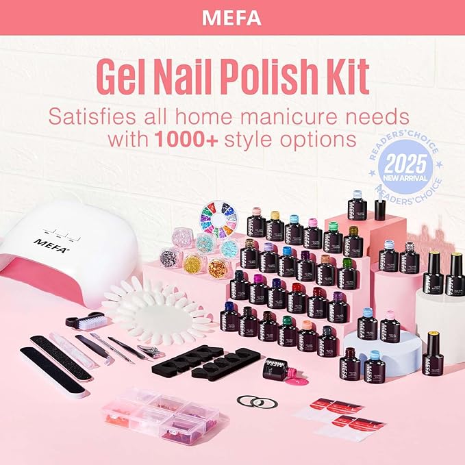 MEFA 60 Pcs Gel Nail Polish Kit with U V Light 32 Colors Popular Soak Off Nude Pink Red Gel Polish Nail Set with Matte/Glossy Gel Top Base Coat Manicure Tools Nail Art Decorations DIY Salon