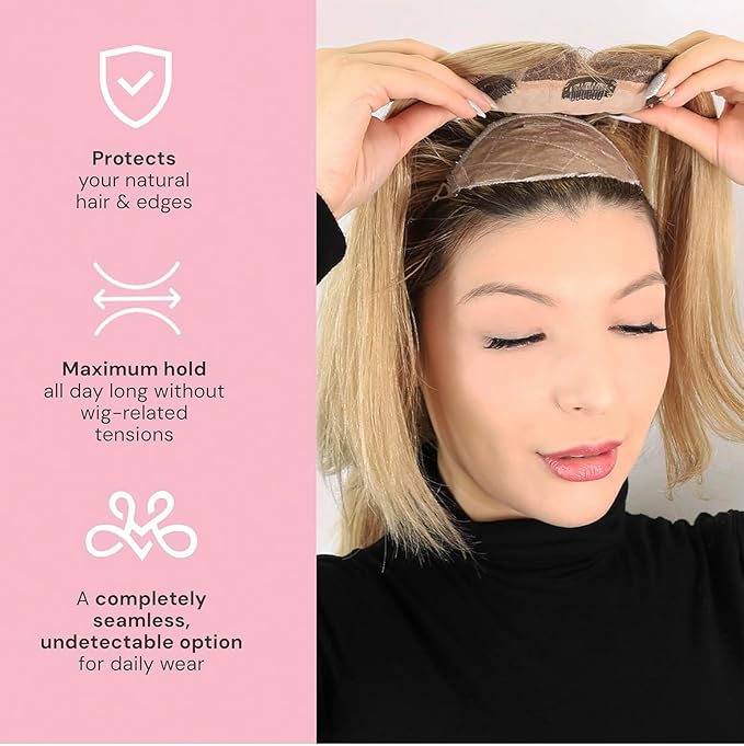 MILANO COLLECTION Glueless Top Grip for Hair Topper &amp Wiglets Adjustable Translucent Strap with Side Openings Top Headband for Your Wig or Topper Includes Clips Beige Small