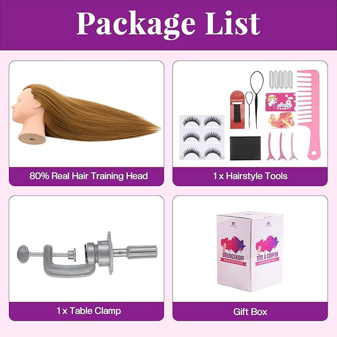 28Inch Mannequin Head with 80% Real Human Hair- Cosmetology Mannequin Head with Hair for Makeup Braiding Curling Cuting Make up Doll head for Styling with Table Clamp Hair Styling Set (Blonde)