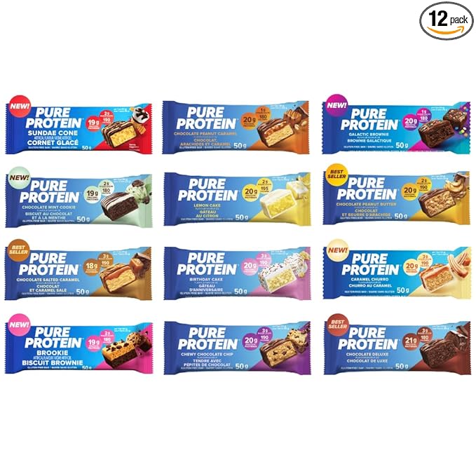 Pure Protein Bars Variety Pack | 12 flavors | High Protein Nutritious Snacks to Support Energy Low Sugar Gluten free. Two new flavors Sundae Cone and Brookie. (Packaged for you by Mix it up)