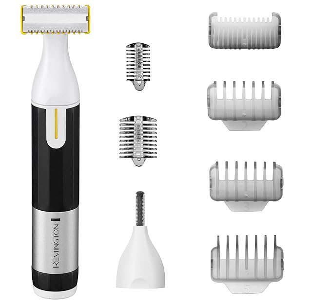 Remington Omniblade Face &amp Body Shaver for Men 100% Waterproof Rechargeable Razor with Removable Head 35mm Main Blade + 7 Attachments (Adjustable Precision Stubble Combs &amp Micro Trimmer)